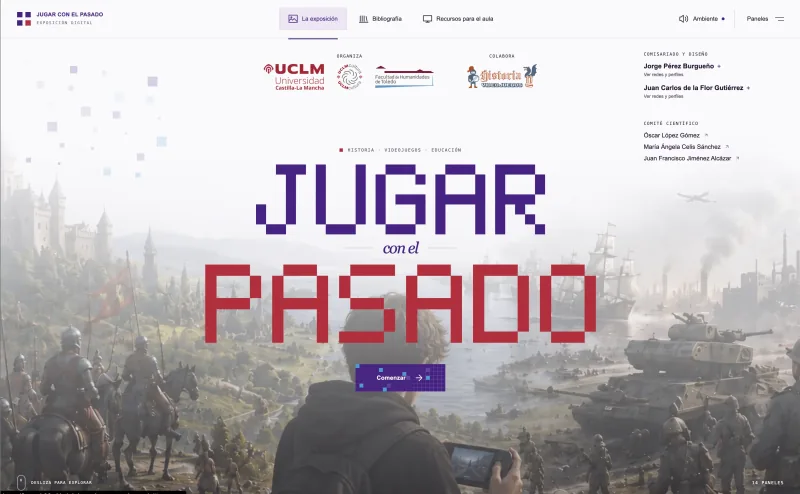 Portada de la exposición Jugar con el pasado, con su título sobre paisajes históricos recreados en videojuegos